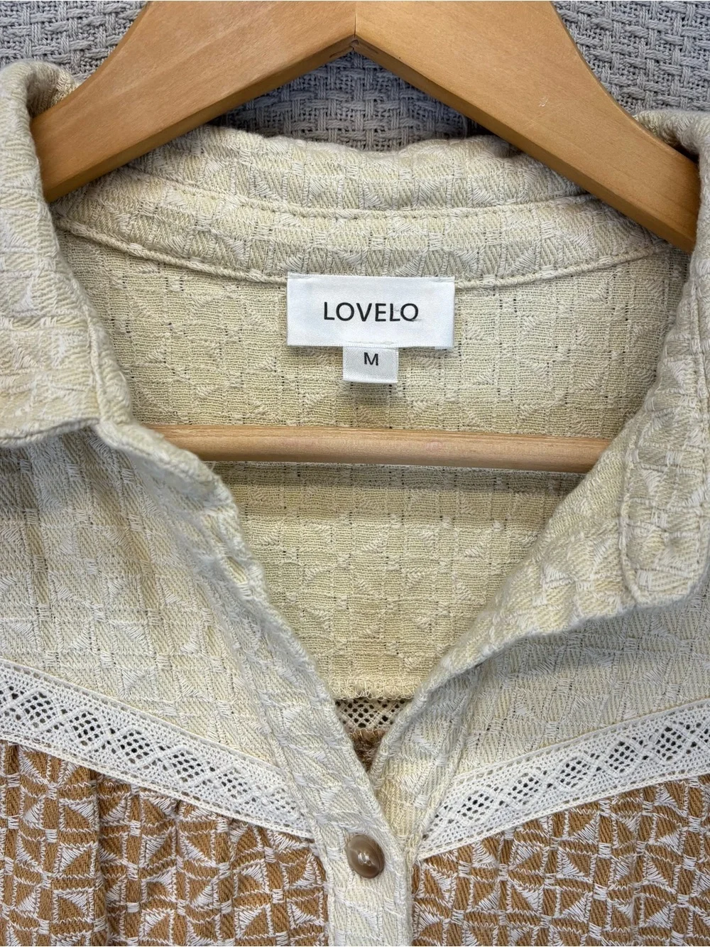 LOVELO Embroidered Color Block Collared Dress Cream Tan Med 100% Cotton Boho EUC
